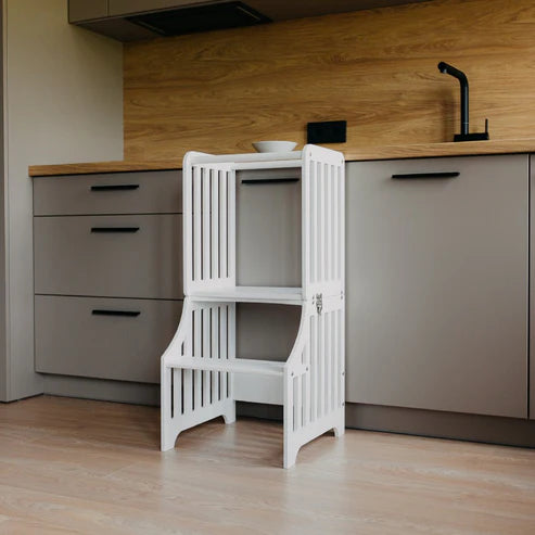 Foldable kitchen tower with slide, White (Striped Collection)