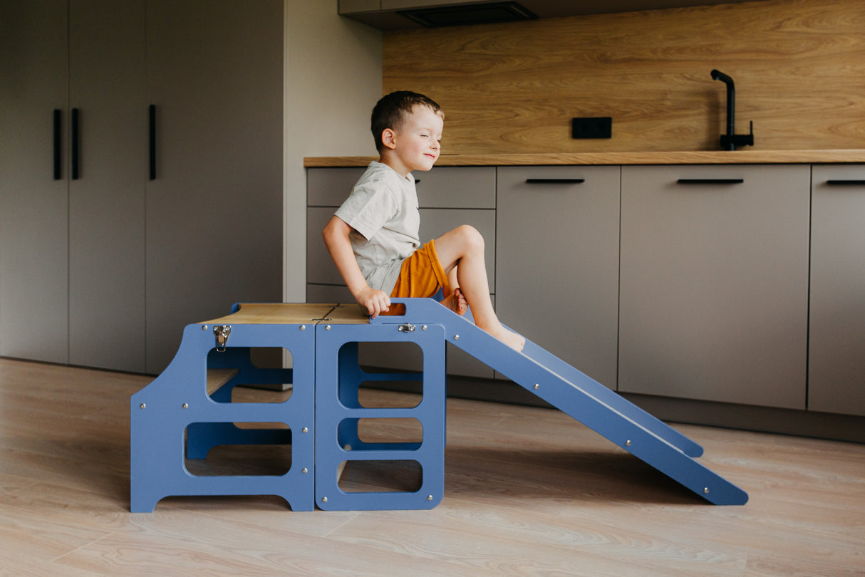 Foldable kitchen tower with slide, Blue