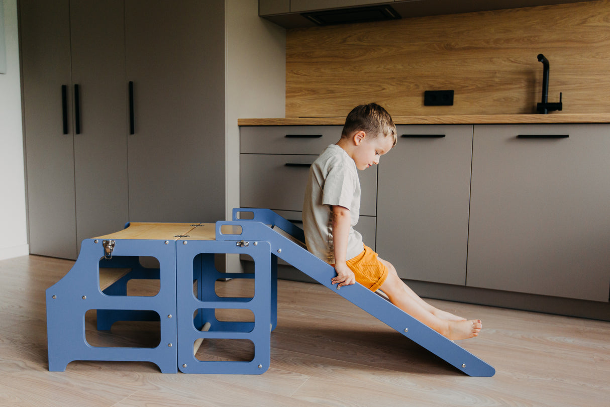 Foldable kitchen tower with slide, Blue