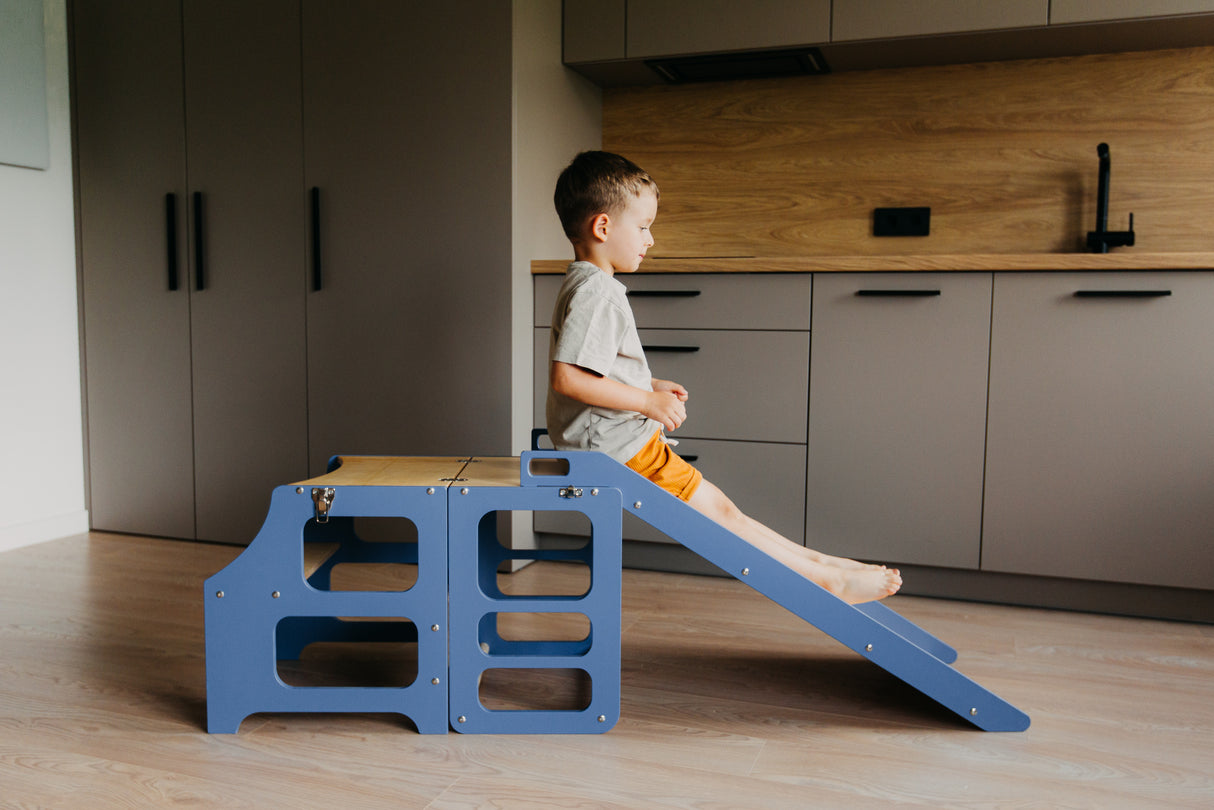 Foldable kitchen tower with slide, Blue