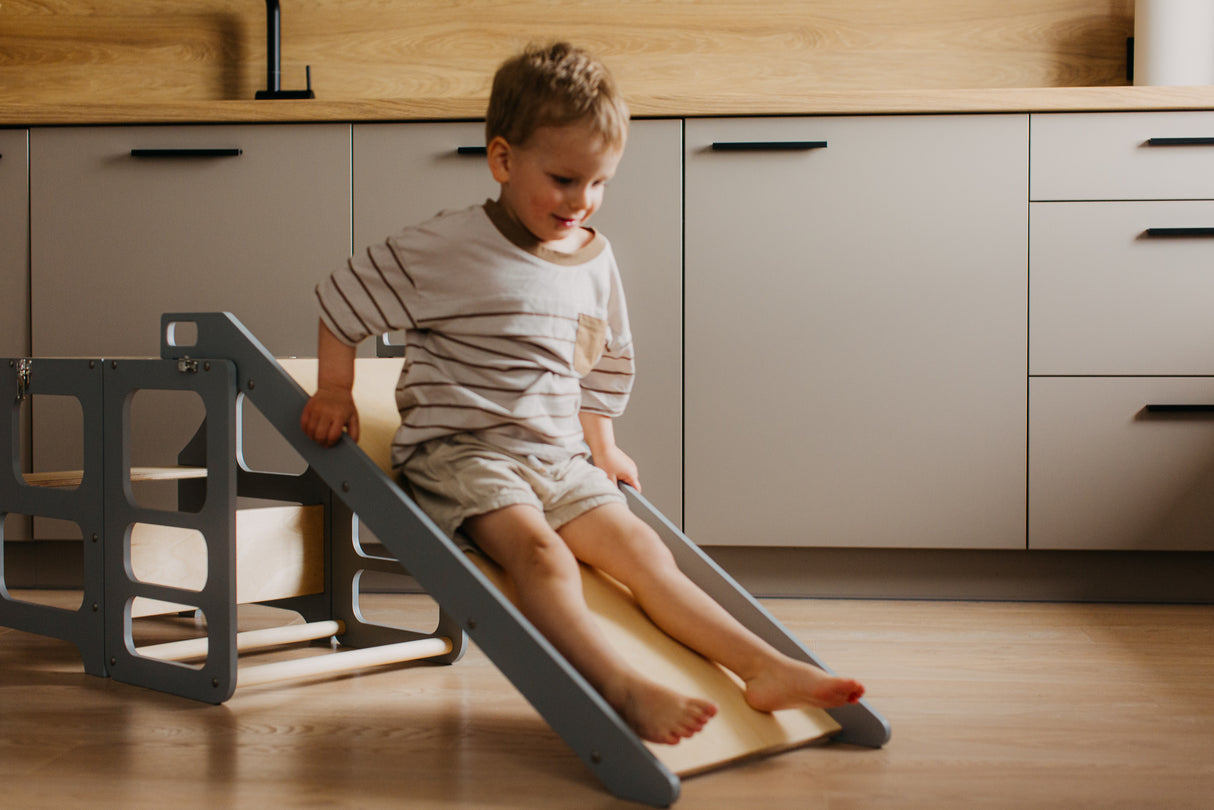 Foldable kitchen tower with slide, Grey