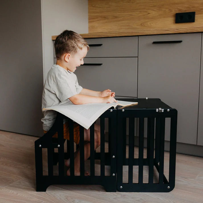 Foldable kitchen tower with slide, Black (Striped Collection)