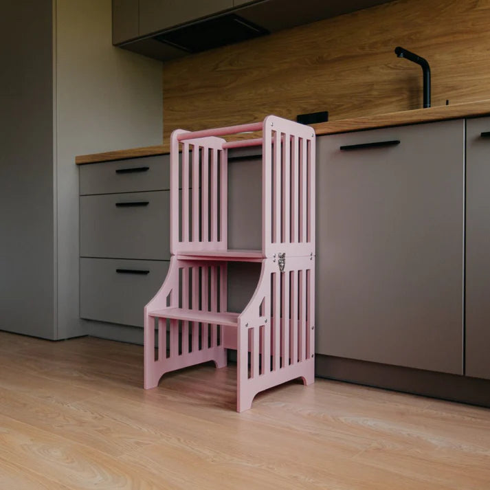 Foldable kitchen tower with slide, Pink (Striped Collection)