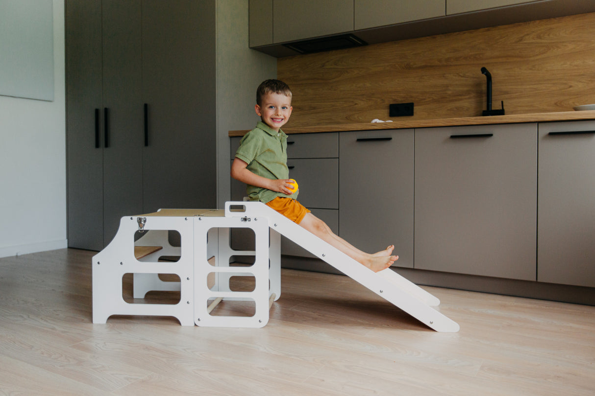 Foldable kitchen tower with slide, White