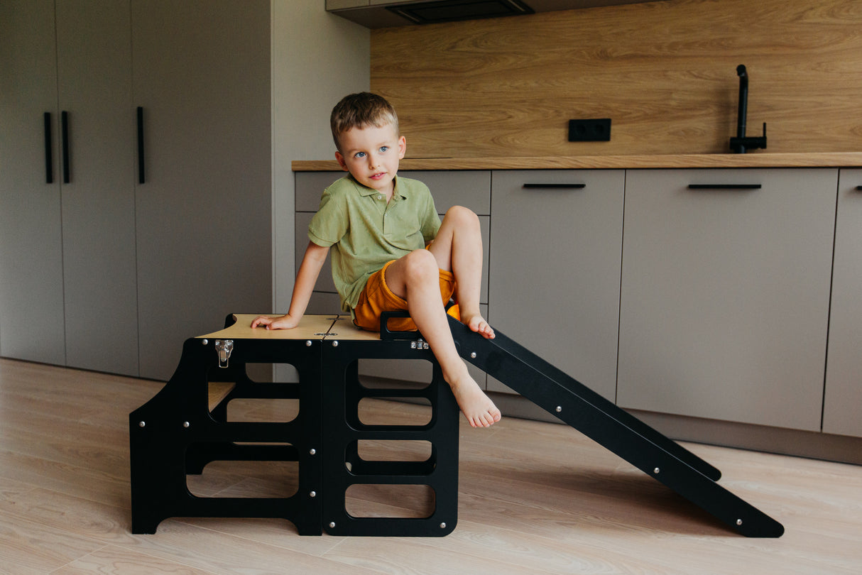 Foldable kitchen tower with slide, Black