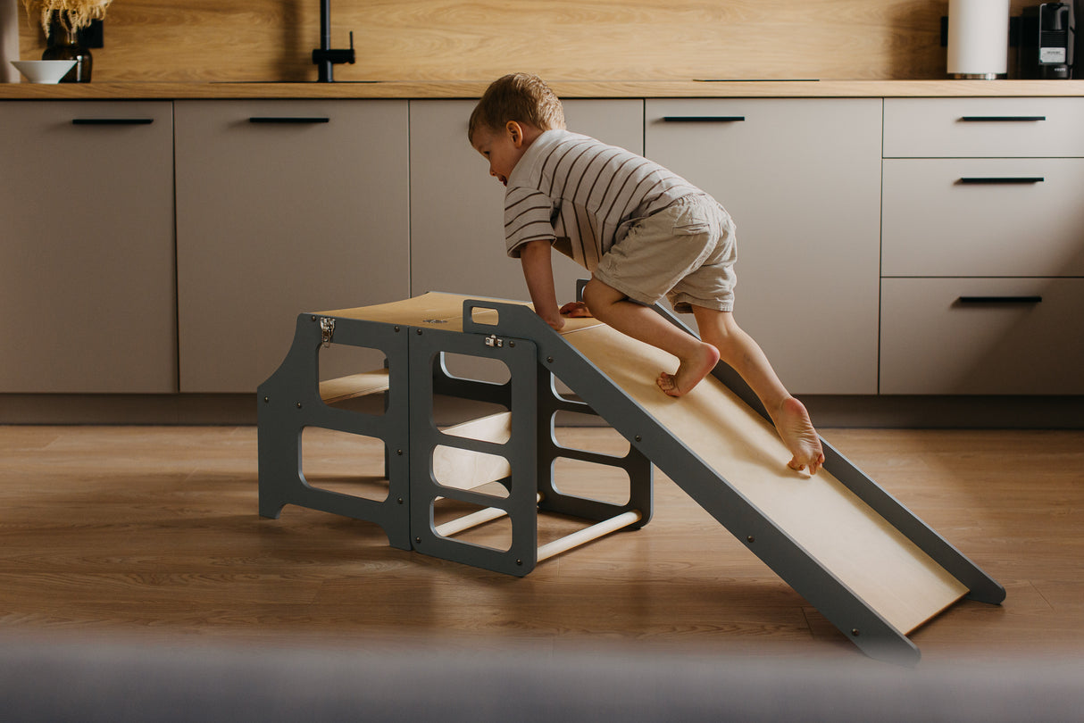 Foldable kitchen tower with slide, Grey